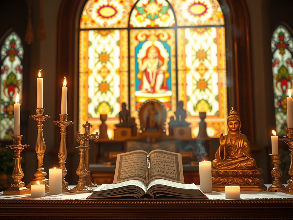 Prompt: A golden spiritual altar with candles, a cross, a Quran, a Hindu deity idol, and a Buddhist statue. Each religious symbol has a transparent tear suspended above it, glowing faintly. Background includes stained glass, temple bells, and incense smoke. Soft focus, reverent, sacred tone.