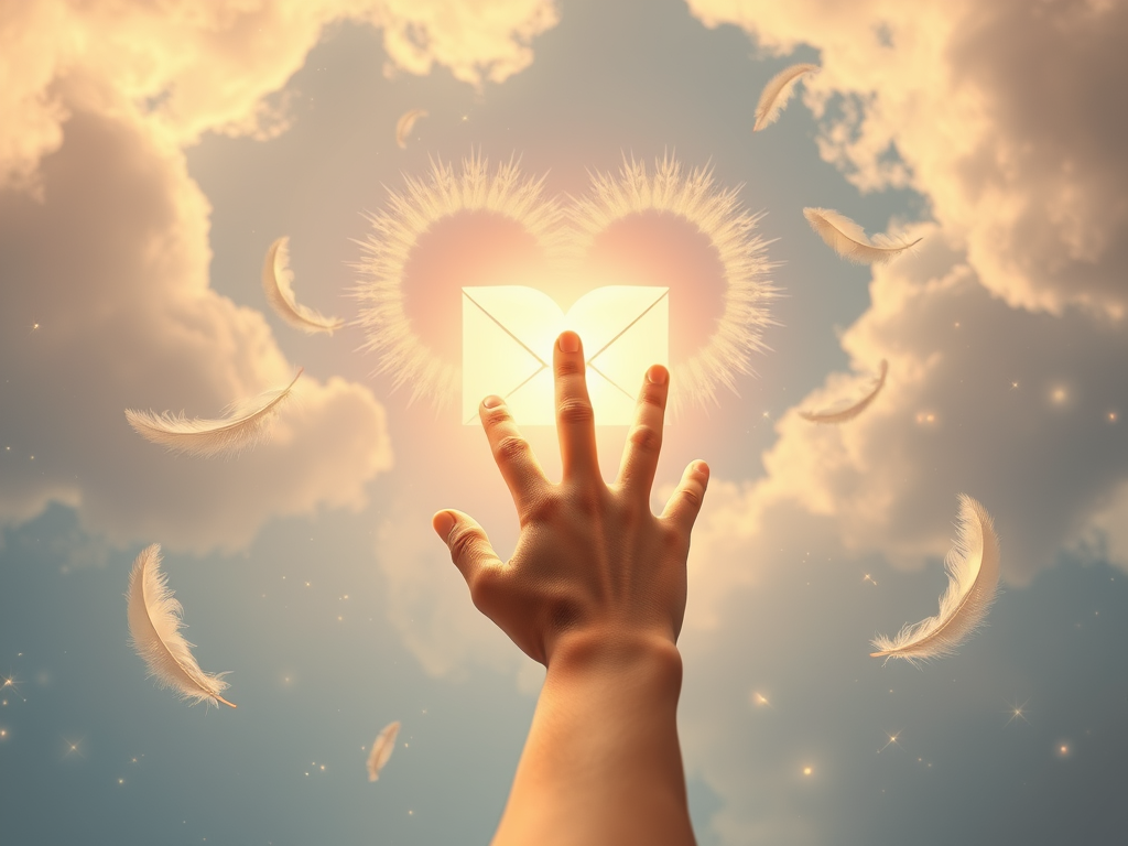 Prompt: A hand reaching toward a glowing envelope in the sky, surrounded by floating feathers and sparkles. In the background, soft clouds shaped like hearts and symbols of community (circles of people, hands clasped). Dreamy, inviting, warm, and filled with a sense of divine invitation.