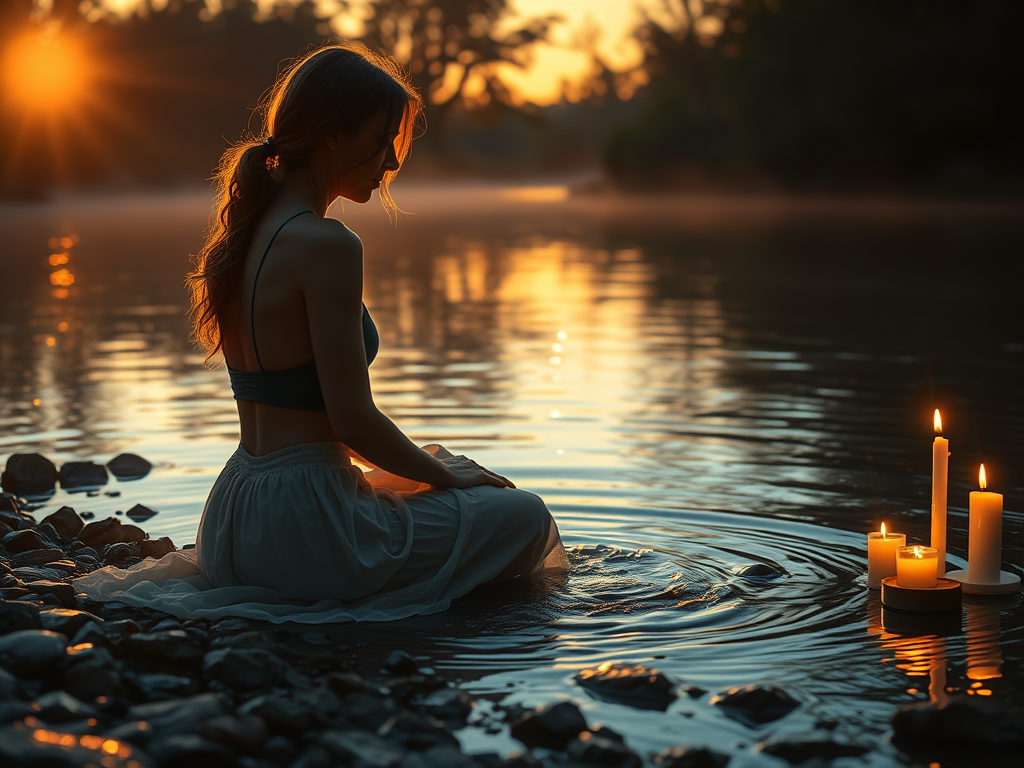 Prompt: A person kneeling by a river at dawn, crying as shimmering tears fall into the water, which reflects a bright aura. A gentle wind lifts the water like energy waves, symbolizing the cleansing of emotions. Crystals and candles placed nearby. The scene radiates peace, healing, and surrender.

