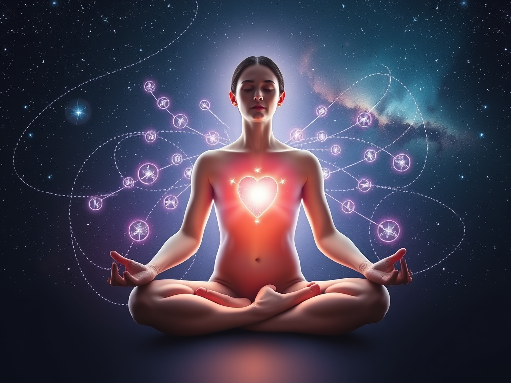 Prompt: A person sitting in lotus pose in front of a glowing screen with streaming symbols, as ethereal energy flows out of the screen and into their heart. Behind them is a backdrop of stars and nebulae, suggesting cosmic connection and spiritual healing through sound and video.