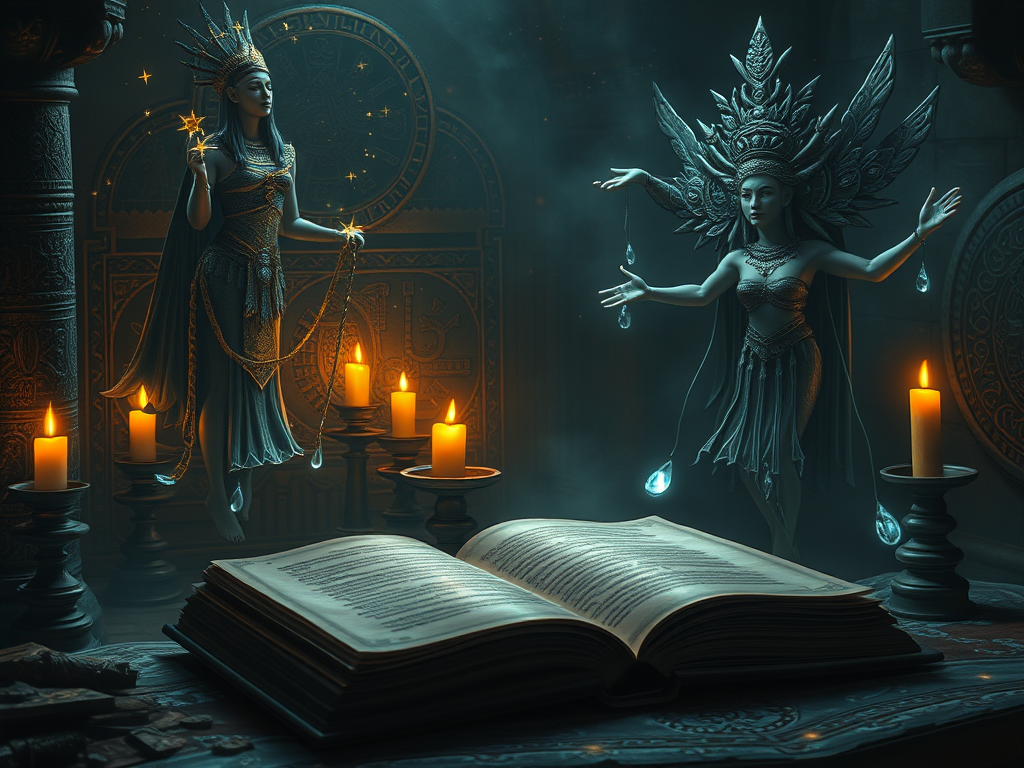 Prompt: An enchanted ancient manuscript glowing in a candlelit room. Out of the book float mythic figures—an Egyptian goddess weeping stars, a Celtic priestess shedding silver tears, and a Mayan spirit releasing glowing droplets into the sky. Dark mystical tones, sparkling accents, and an aura of magic.

