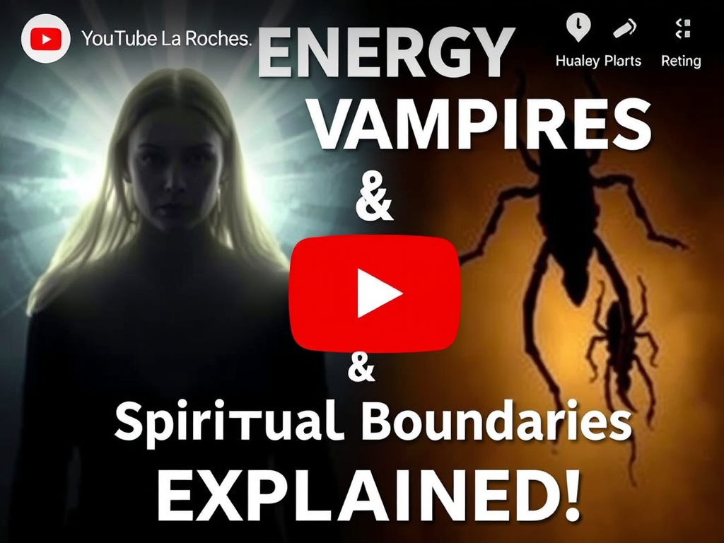 Stylized YouTube thumbnail featuring a soft glowing aura figure on the left, being drained by shadowy figures (ticks) on the right. Bold text: “Energy Vampires & Spiritual Boundaries Explained!” Mood: bold, mysterious, engaging.