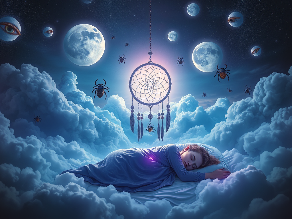  Ticks in Dreams
Prompt:
A surreal dreamscape with floating ticks, moons, and cloud forms shaped like eyes, representing inner awareness. Dreamy blue and violet hues with a glowing dreamcatcher protecting a sleeping figure. Mood: mystical, dreamy, subconscious.


