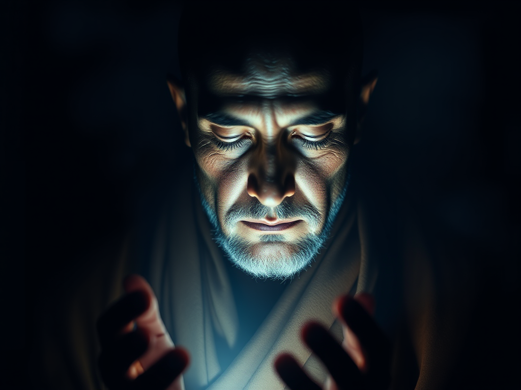 Understanding Fear: "A spiritual monk meditating while surrounded by shadows representing fears, glowing with inner light"