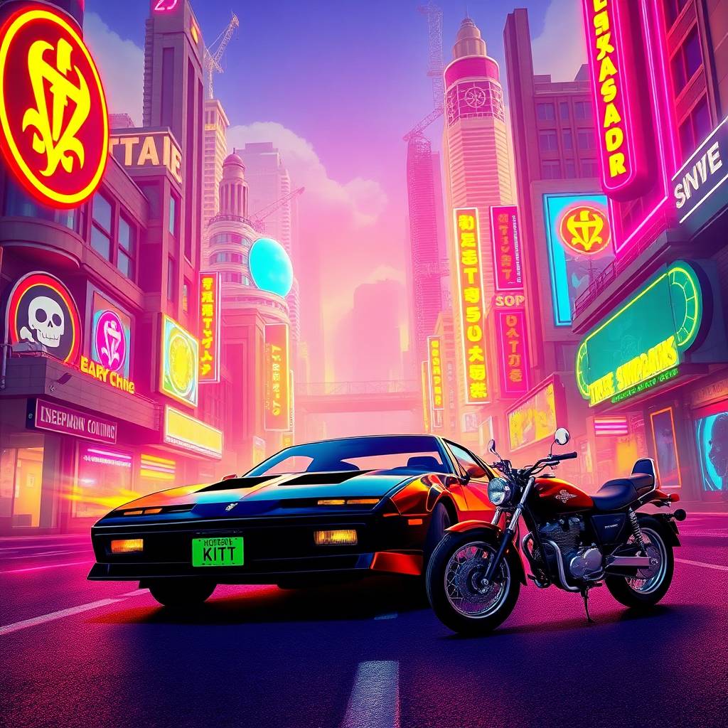 A vibrant retro futuristic cityscape bright lens flare in electric vivid colors light streaks. Features a black KITT like car a Street Hawk motorcycle and Simpsons holographic displays. Tartarian arc