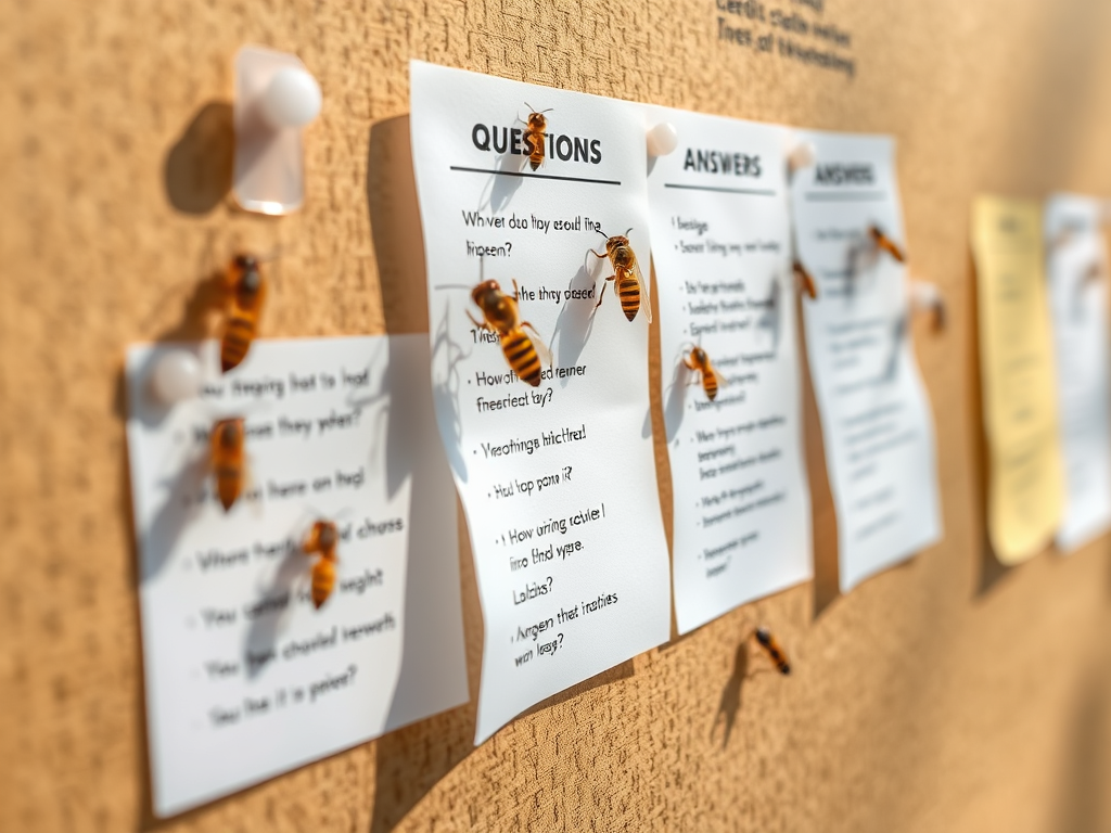 A bulletin board with pinned questions and answers, surrounded by curious wasps exploring the space, symbolic of inquiry and guidance.