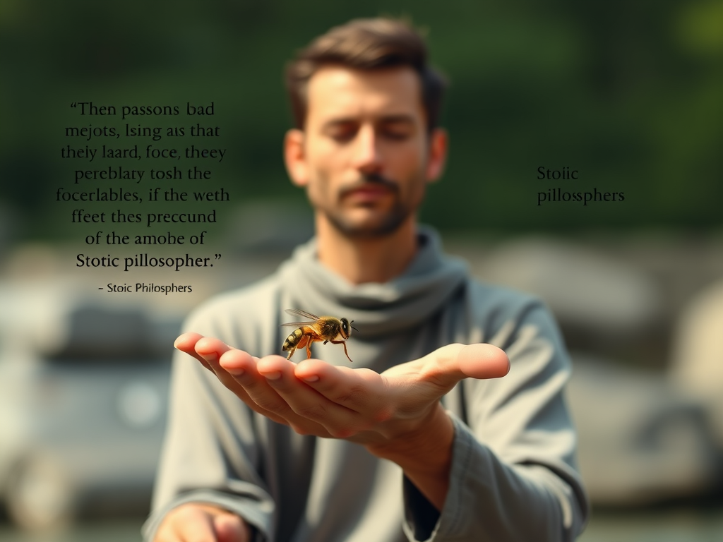A calm person in a meditative pose as a wasp lands on their open hand, surrounded by quotes from Stoic philosophers etched in the air or stone.