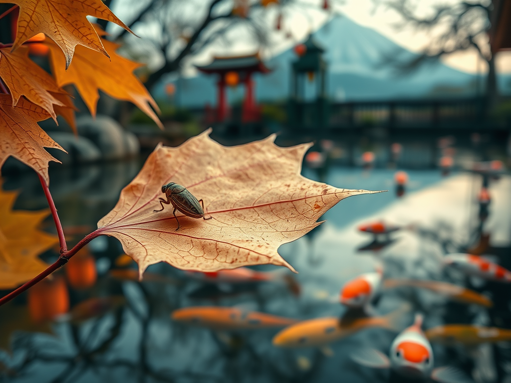 A cicada on a delicate maple leaf floating over a serene koi pond, with traditional paper lanterns hanging in the background and Mount Fuji visible.