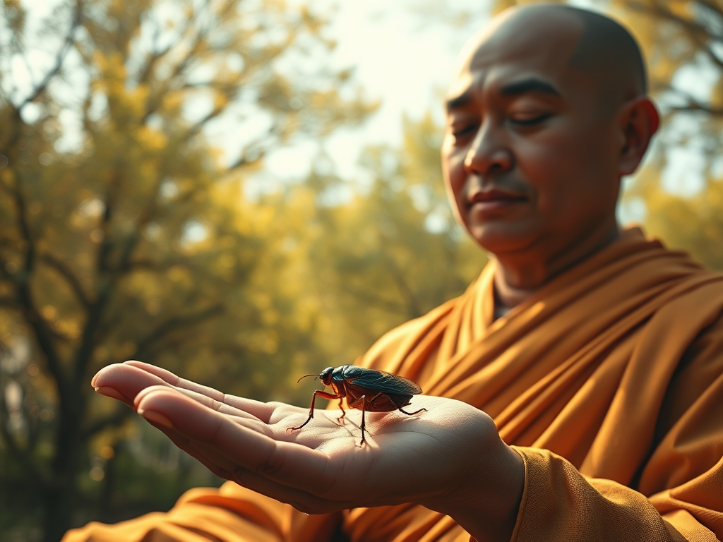 A cicada resting peacefully on the palm of a meditating monk, surrounded by nature spirits, glowing trees, and stars in daylight sky.

