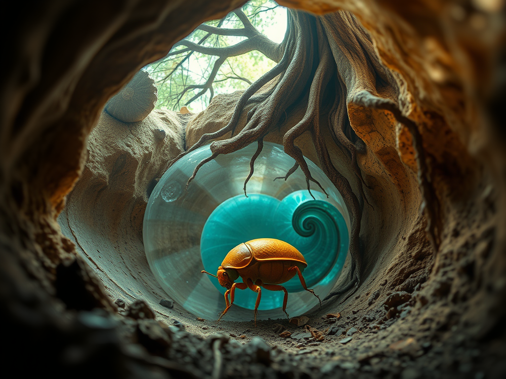 A cicada underground within a crystal cave, wrapped in spirals of time and energy, with tree roots above representing patience and deep growth.