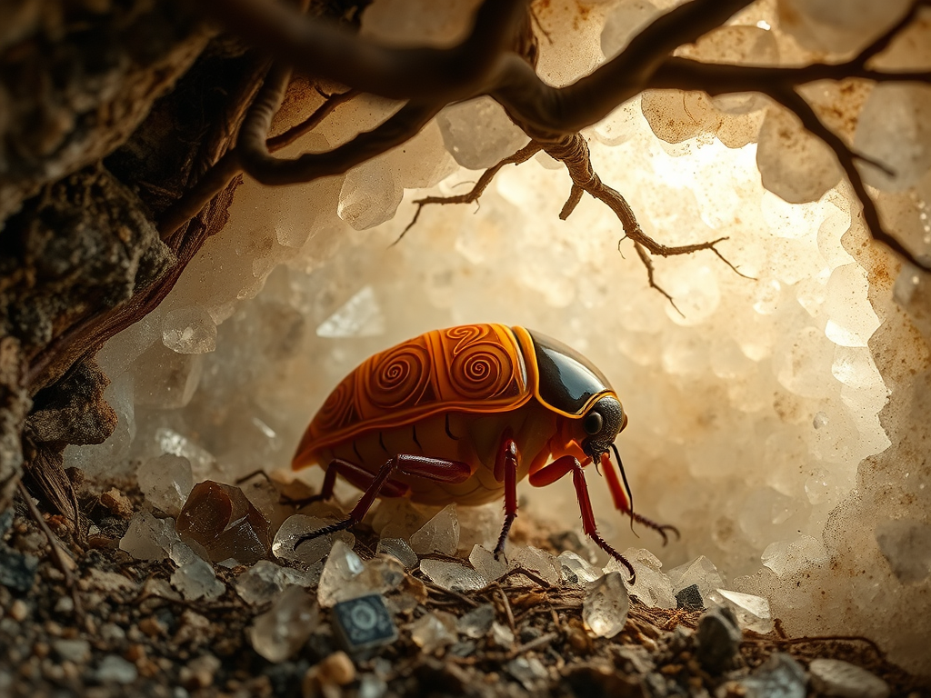 A cicada underground within a crystal cave, wrapped in spirals of time and energy, with tree roots above representing patience and deep growth.
