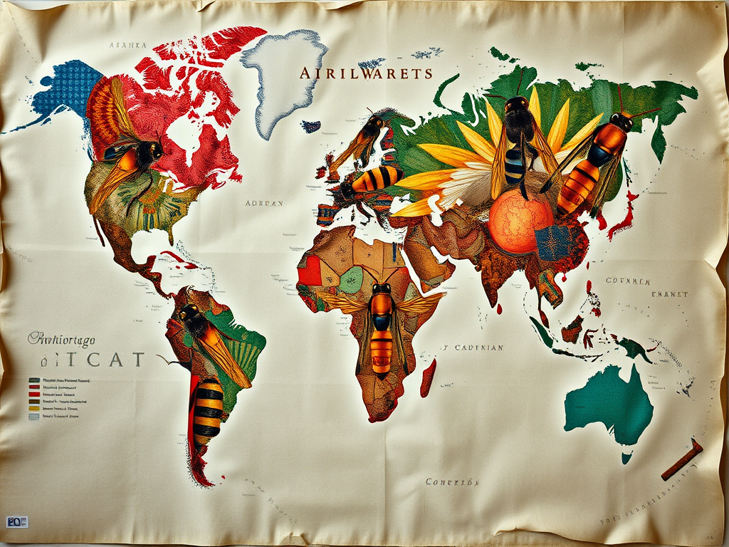 A collage-style world map with culturally styled wasp illustrations representing different continents (e.g., Egyptian, Native American, Japanese art styles).