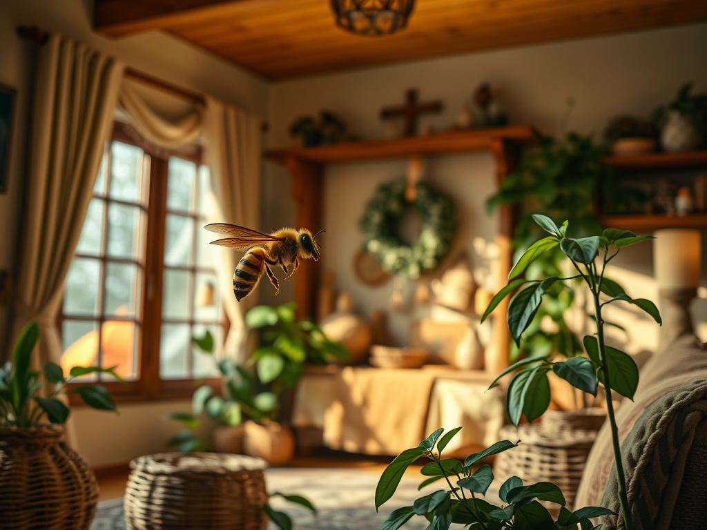 A cozy home interior with a wasp hovering peacefully near a plant or family altar, suggesting introspection and harmony.