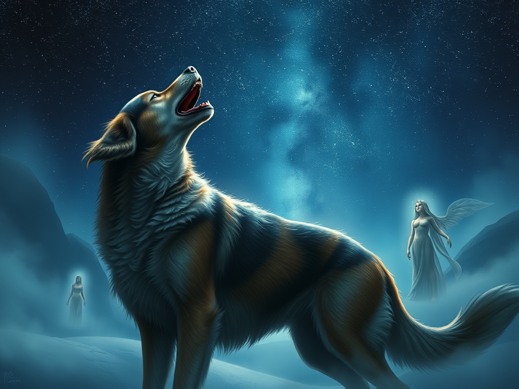 A dog howling under a starry sky, with ethereal figures or ancestral spirits subtly appearing in the misty background.