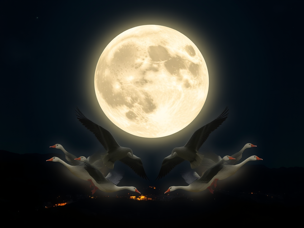 A formation of geese flying in a V-shape under a bright full moon, their honks represented as protective auras shielding a peaceful village below.