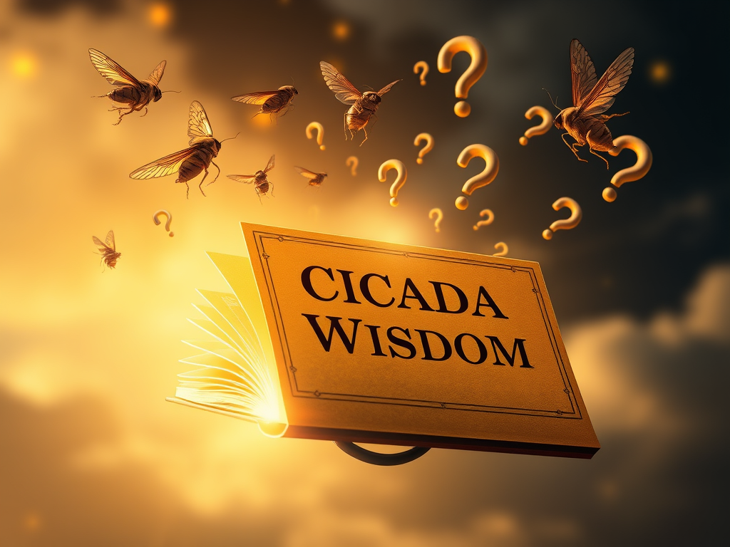 A glowing book titled “Cicada Wisdom” opening mid-air with golden light, where question marks morph into cicadas flying out into the sky.