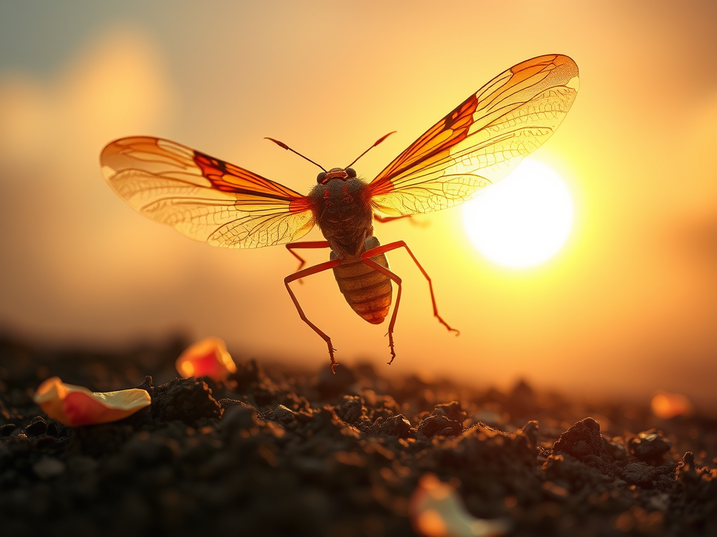 A glowing cicada flying upward from the soil toward a radiant golden sun, with petals and feathers symbolizing spiritual rebirth swirling around it.