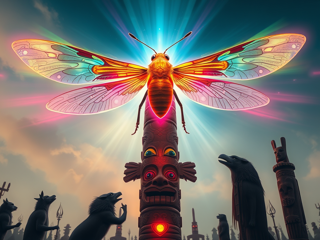 A majestic spirit cicada formed from light and wind hovering above a tribal totem pole, radiating aura colors with animals and ancestors looking up.

