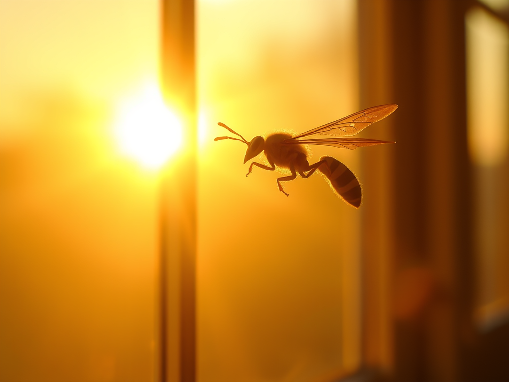 A radiant sunrise seen through a window with a wasp flying outward, representing clarity, renewal, and a new beginning