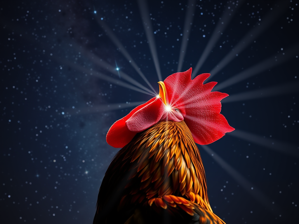 A rooster crowing under a starry night sky, with radiant beams of light emanating from its beak, symbolizing divine awakening and cosmic alignment.

