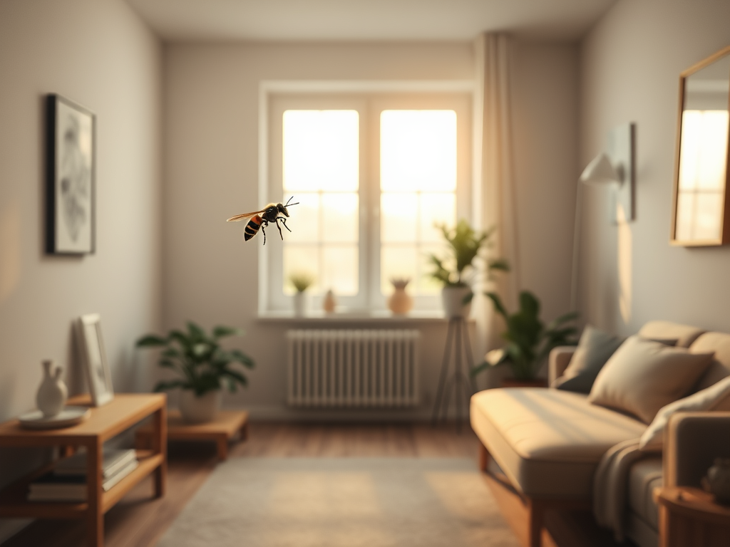 A serene home interior with a single wasp hovering near a window, bathed in soft, ethereal light, symbolizing spiritual presence and transformation