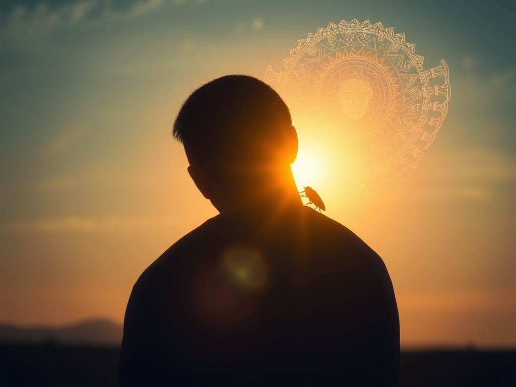 A mystical mirror in a forest showing a video portal, with cicadas flying around it and glowing "play" icons embedded in the leaves.

