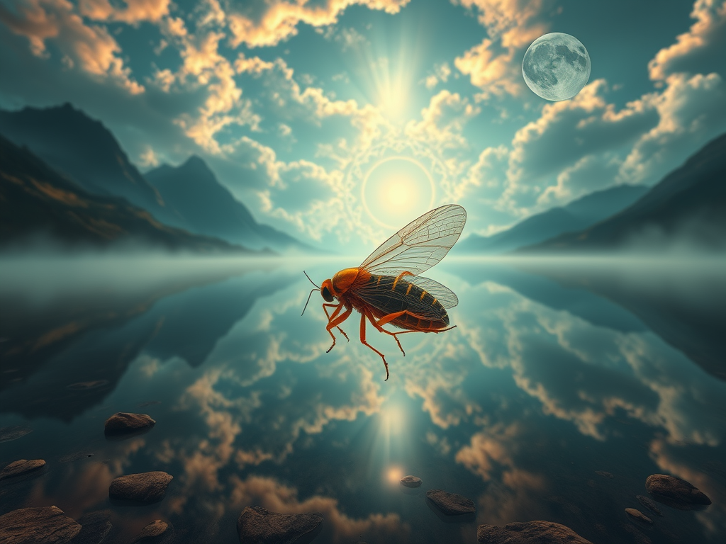 A surreal dreamscape with a floating cicada over a mirrored lake, reflecting both the moon and sun, with mystical dream symbols in the sky.

