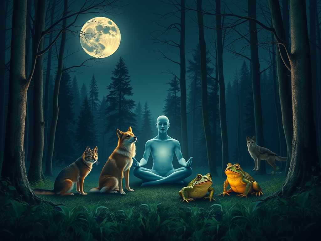 A tranquil moonlit forest with various night animals—owl, dog, coyote, frog—gathered in harmony around a glowing human figure in deep meditation, symbolizing unity and spiritual communion.
