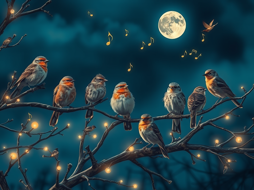 A variety of birds perched on moonlit branches under a night sky, each emitting glowing musical notes symbolizing divine or spiritual messages.