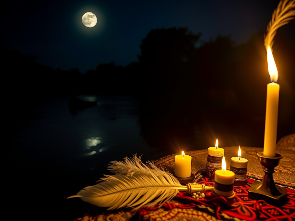  🌊 African Spiritual Practices
A sacred African riverbank with tribal symbols, candles, and a white feather floating near offerings for Mami Wata, under moonlight with a spiritual glow.

