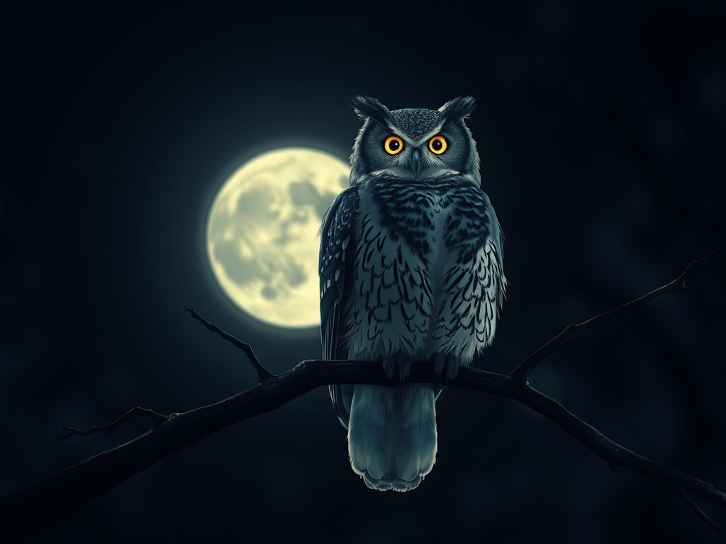 An owl perched on a moonlit branch, its eyes glowing, with ancient spiritual symbols subtly glowing in the background.