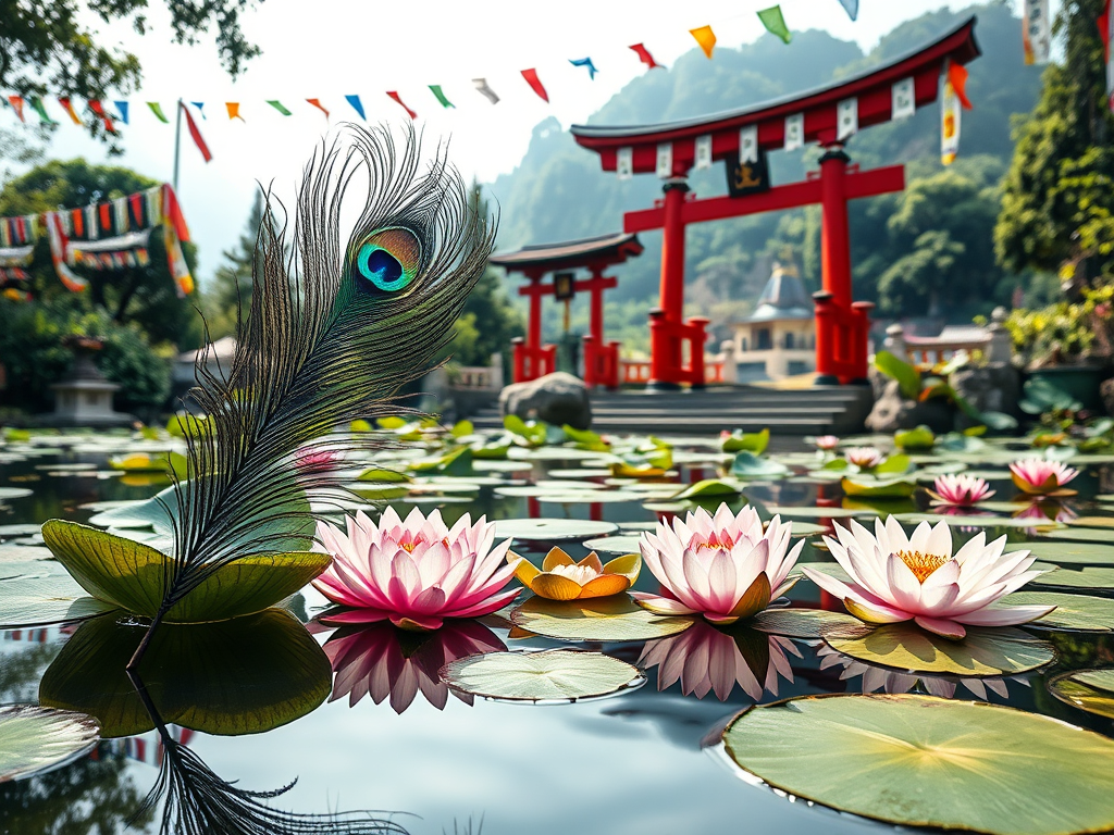 🏯 Asian Cultural Interpretations
A serene Zen pond with lotus flowers, a peacock feather floating peacefully, surrounded by Japanese torii gates and Himalayan prayer flags in the background.

