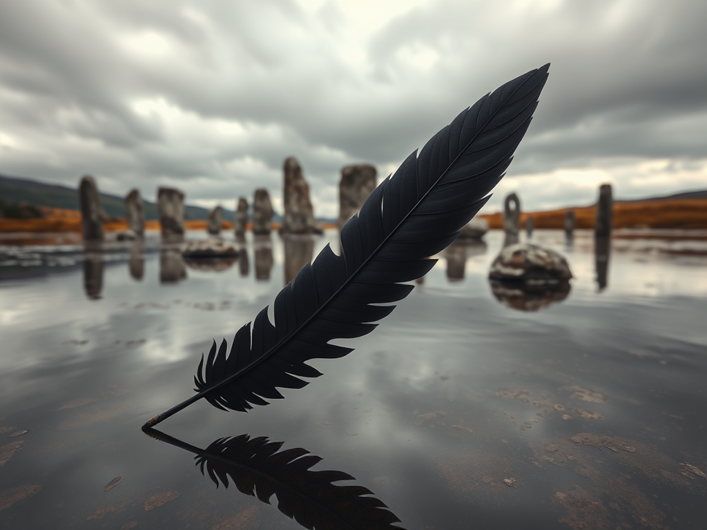 🛡️ Celtic and Norse Traditions
A Celtic lake with stone circles and Norse runes etched in rocks, a raven’s feather resting on still water under a cloudy sky, a sense of myth and ancient magic.