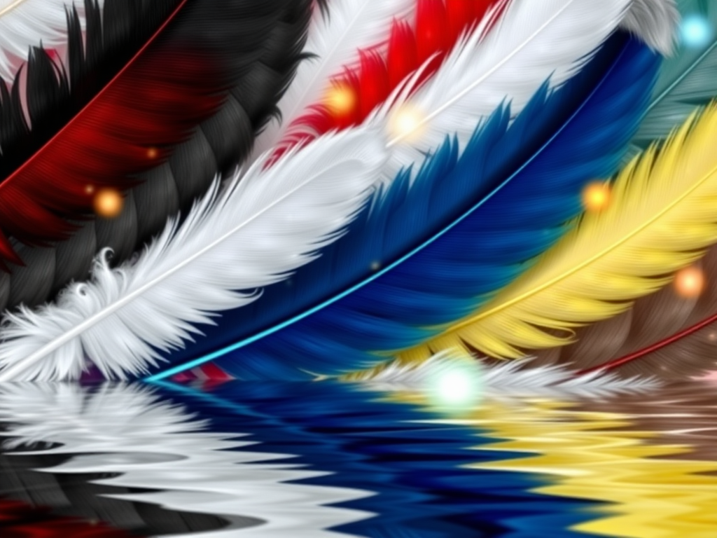🎨 Common Feather Colors and Their Meanings
A collage of feathers in different colors (white, black, red, blue, green, yellow, grey, brown) floating over a reflective water surface, each glowing subtly with aura-like light.