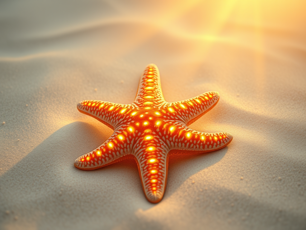 Spiritual Significance of Starfish: Healing and Guidance 3 Featured Image Prompt:
A glowing starfish resting on soft ocean sand, radiant with golden light beams from above, symbolizing divine healing and celestial guidance.