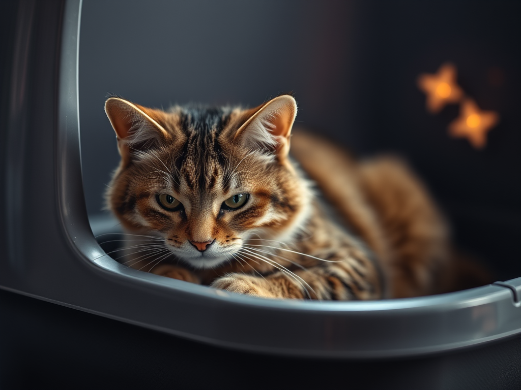 Image Prompt: A calm domestic cat next to a clean litter box with mystic symbols subtly glowing in the waste.