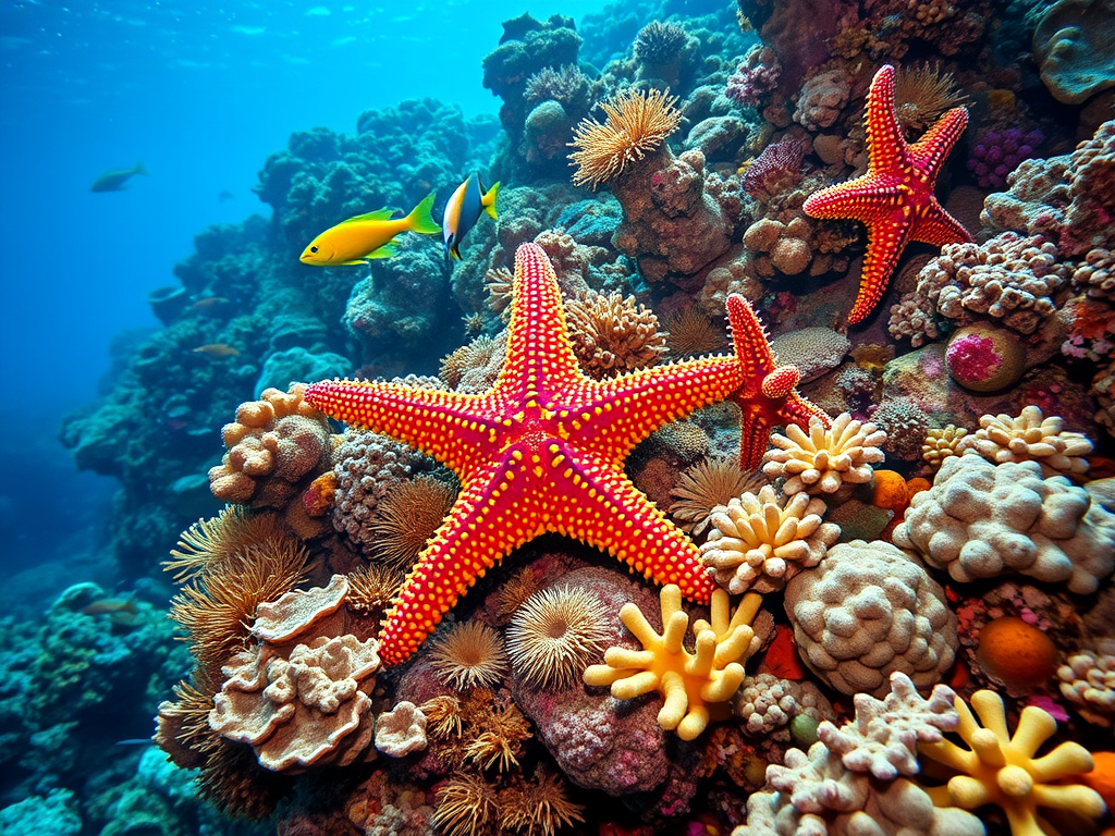 Spiritual Significance of Starfish: Healing and Guidance 11 Image Prompt:
A coral reef ecosystem flourishing with colorful starfish and marine life under the sun’s rays