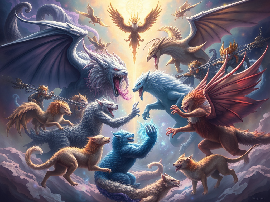 🐾 When Animals Clash: The Spiritual Meaning of Witnessing Two Animals Fighting 4 Image Prompt:
A dreamlike scene illustrating various animals in combat, surrounded by symbolic dream elements.