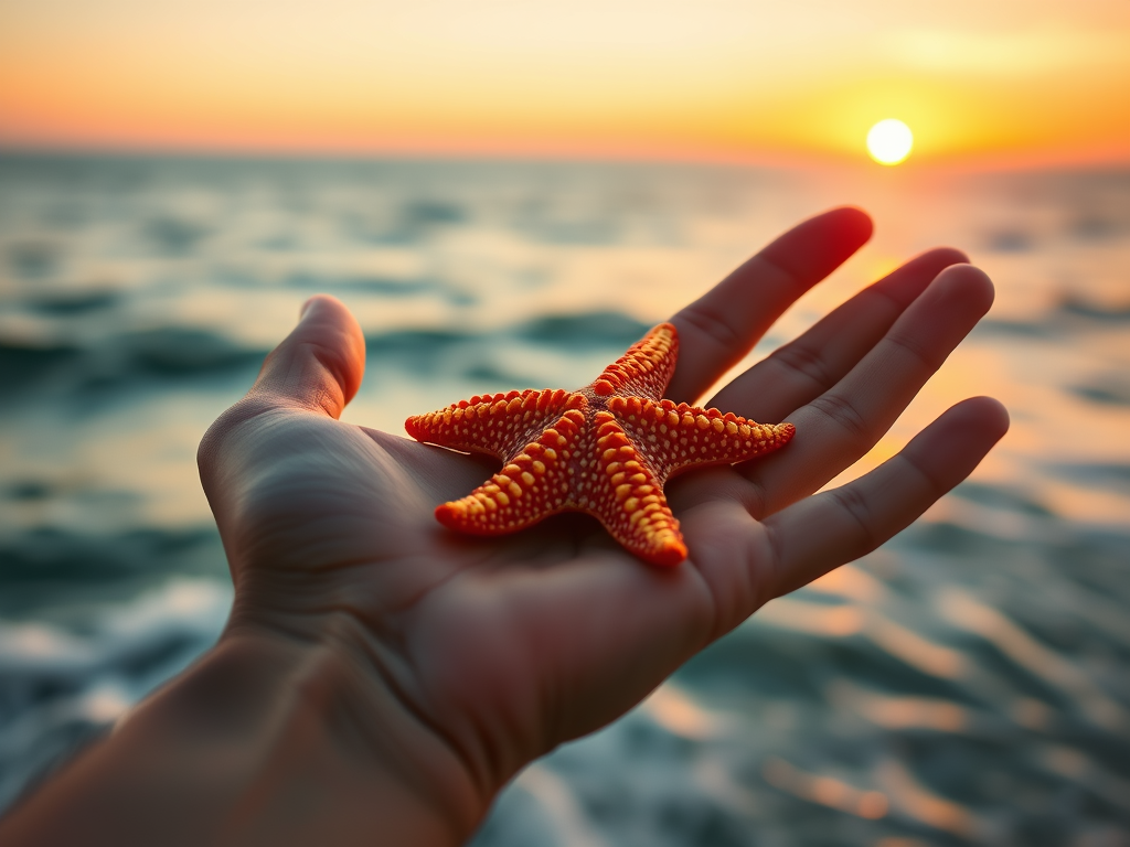 Spiritual Significance of Starfish: Healing and Guidance 13 Image Prompt:
A glowing starfish resting in an open hand above the ocean as the sun sets, representing guidance and new beginnings.
