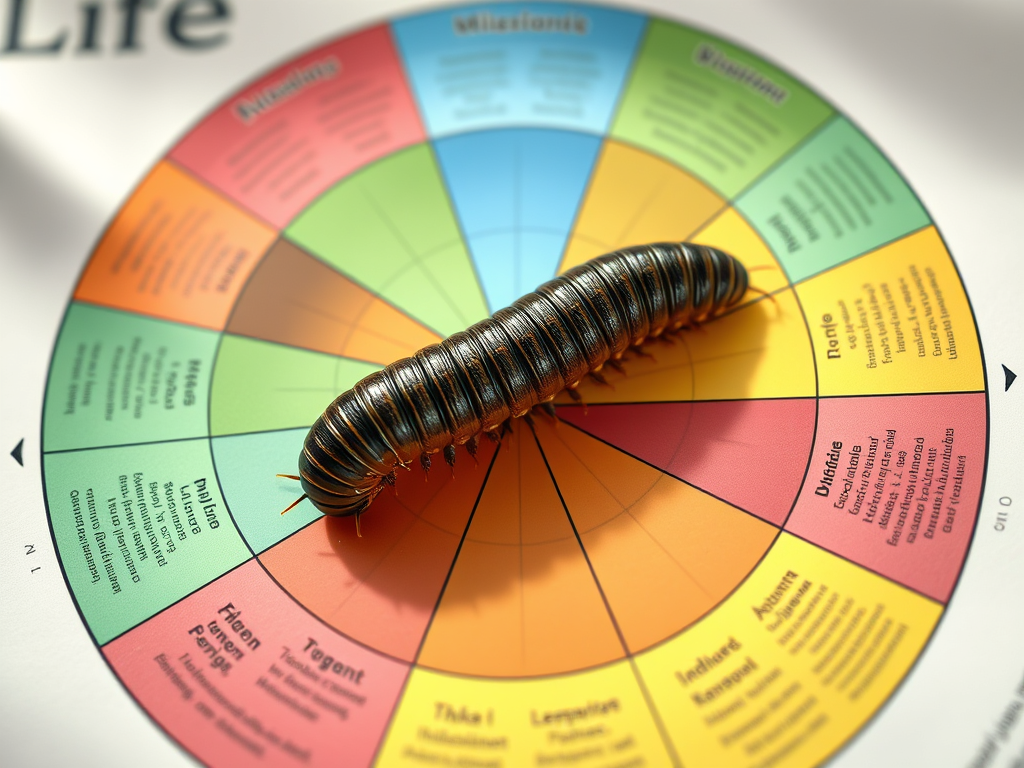 Image Prompt: A life wheel chart with a millipede crawling from one area to another, showing transformation.