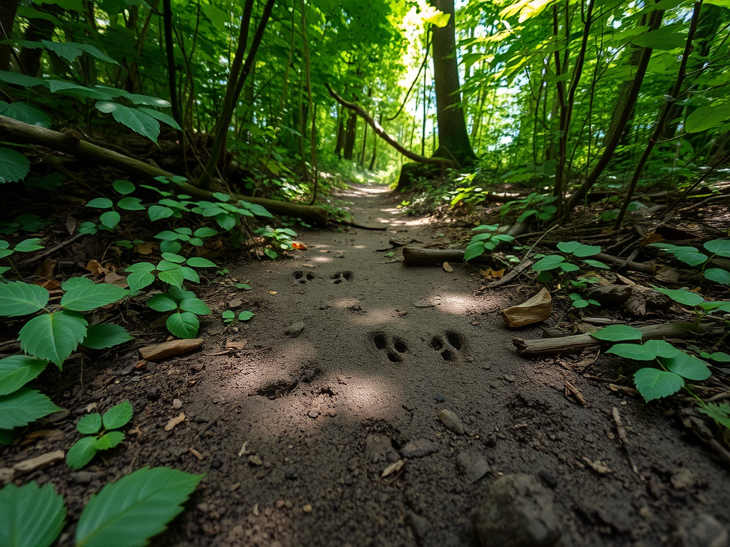  A lush forest floor with various animal tracks and subtle droppings, symbolizing nature's hidden messages.