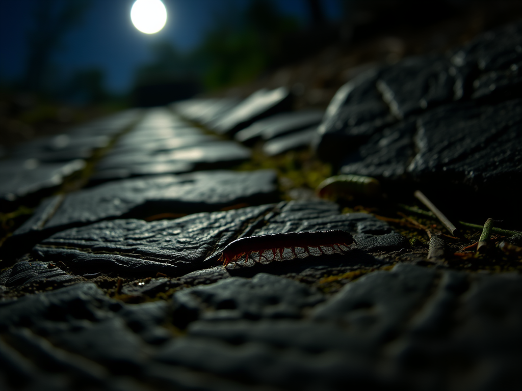 Image Prompt: A millipede moving across a stone path under moonlight, emphasizing steady motion and peace.