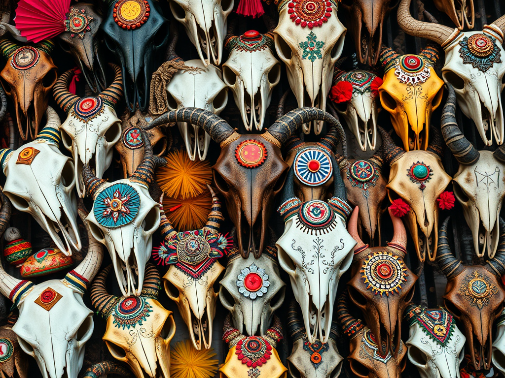 image prompt a montage of animal skulls decorated according to