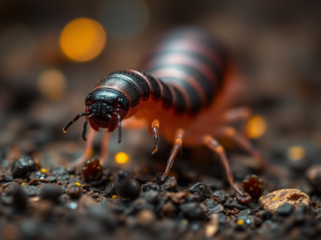  A mystical close-up of a millipede crawling over earthy ground, surrounded by glowing spiritual auras.