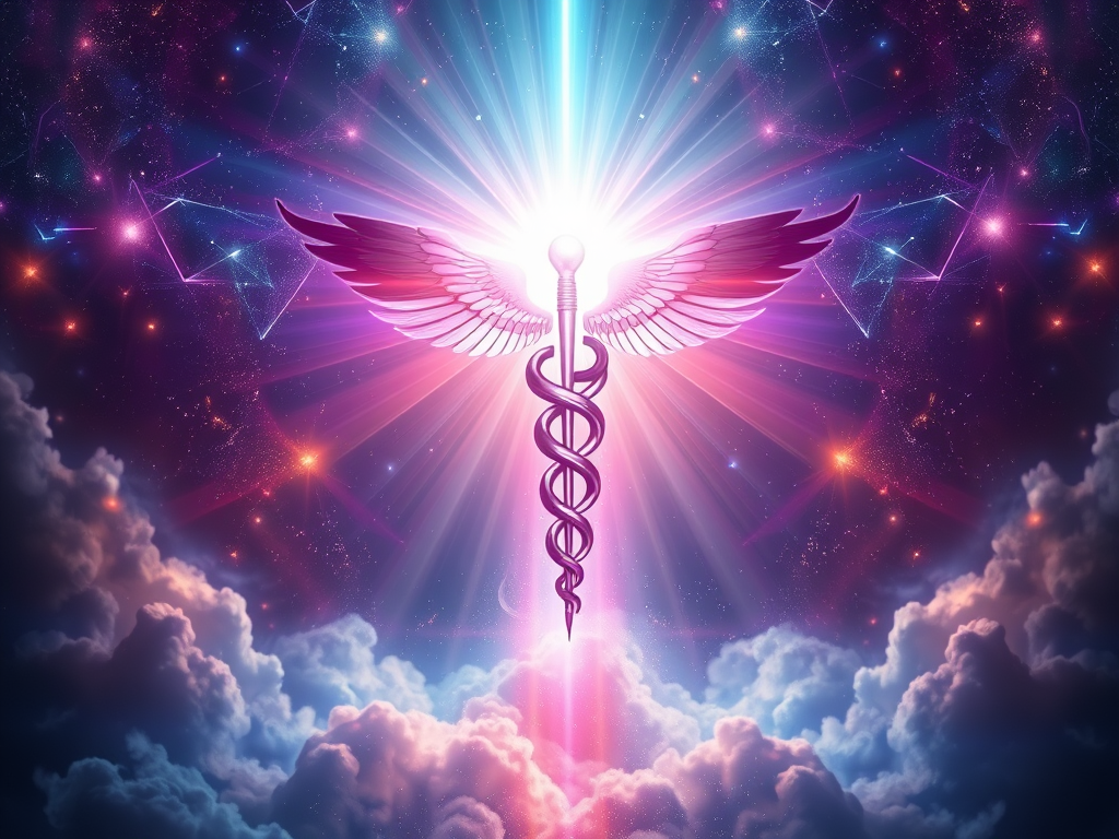 Image Prompt: A mystical representation of the Caduceus transforming into a radiant light beam ascending into the cosmos.