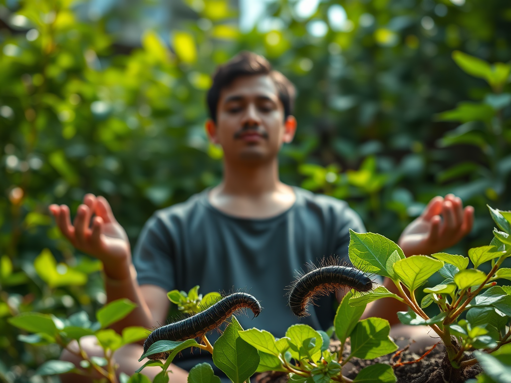 Image Prompt: A person meditating in a garden with a millipede crawling nearby, symbolizing earth connection.