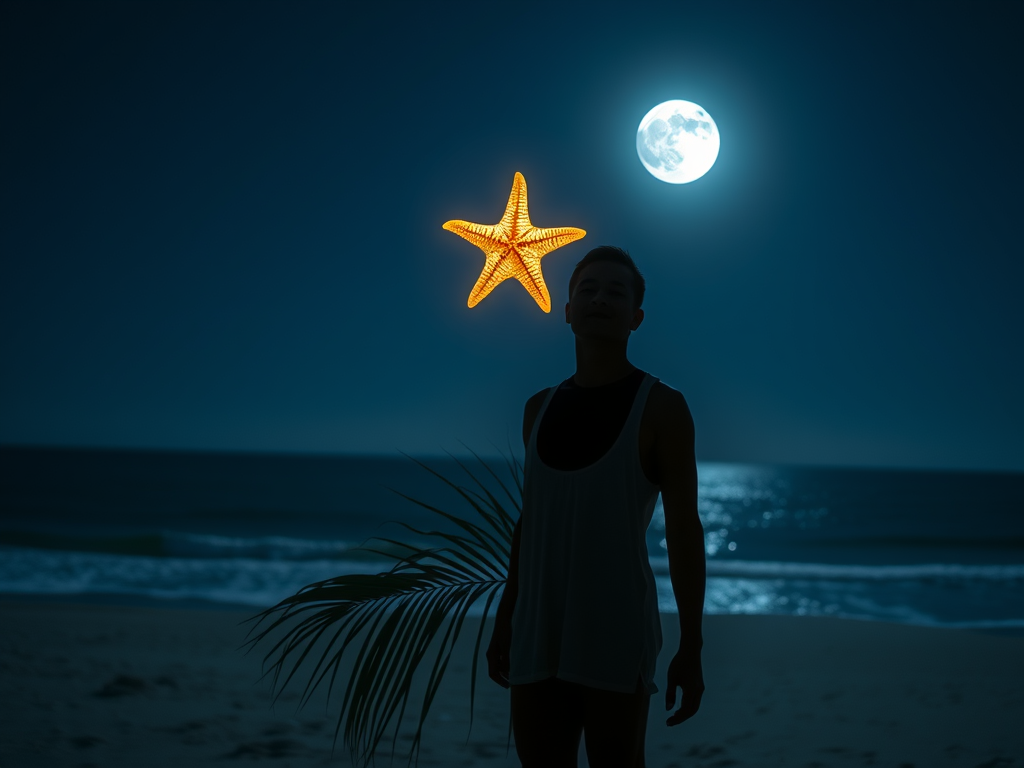 Spiritual Significance of Starfish: Healing and Guidance 9 Image Prompt:
A person standing on a moonlit beach with a glowing starfish hovering above their palm, radiating intuitive energy.