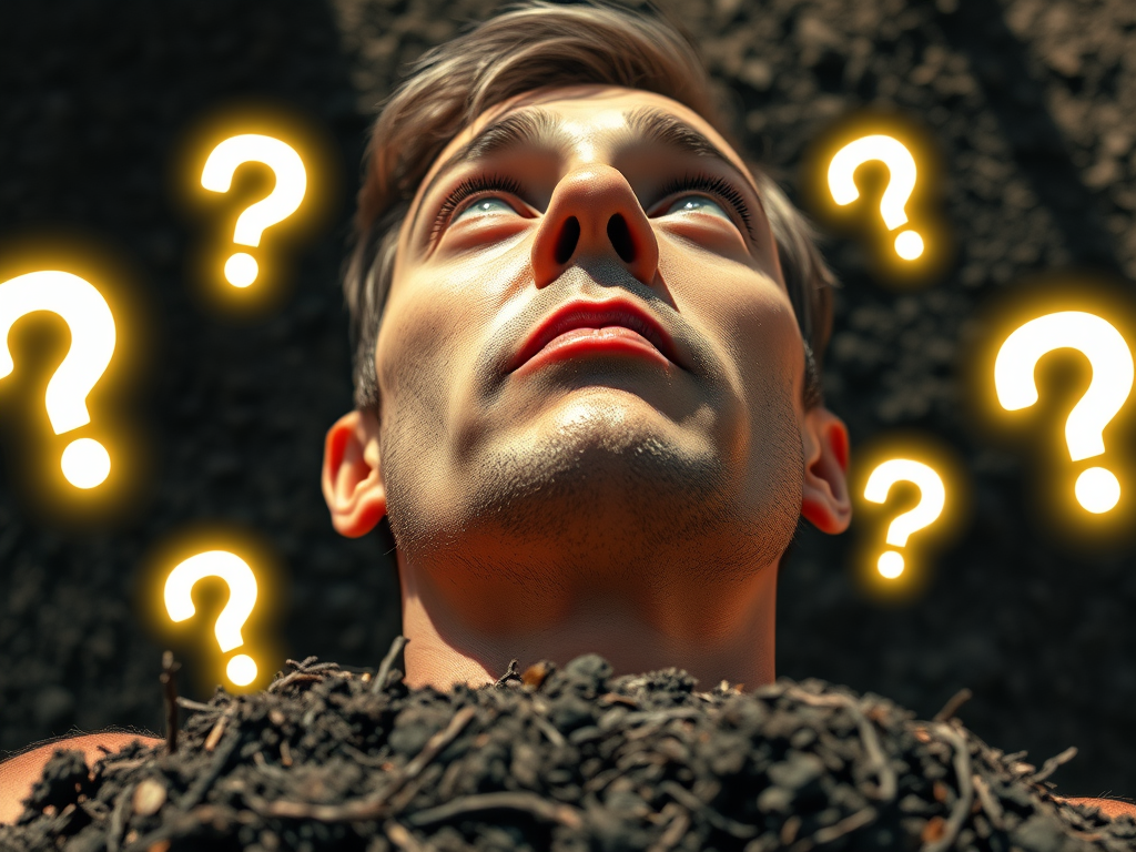 Image Prompt: A person staring at the sky, animal dung at their feet, question marks glowing around.