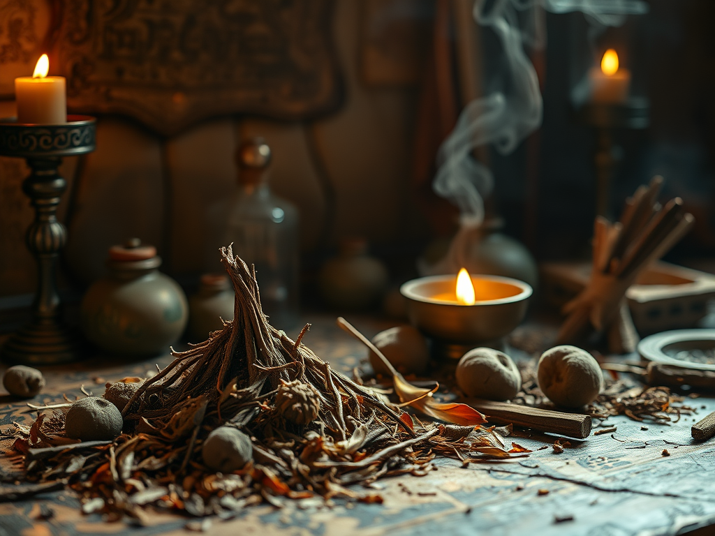 Image Prompt: A sacred altar with animal dung placed alongside incense and feathers.