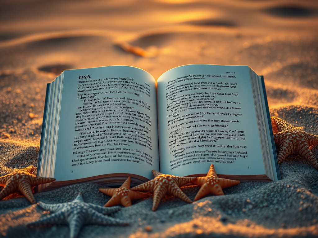 Spiritual Significance of Starfish: Healing and Guidance 12 Image Prompt:
A serene Q&A book open on a beach with starfish around it and questions glowing in starlight.